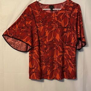 Worthington coral, Orange & black Leaf-Print Flutter Sleeves. 95 poly 5 spandex